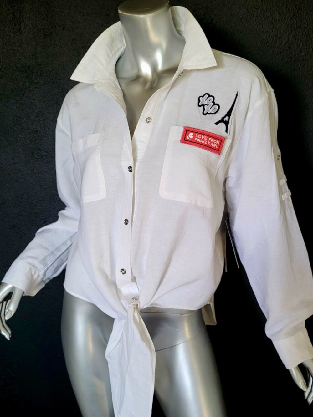 NWT~$90~KARL LAGERFELD~SZ M~WHITE ROLL TAB SLEEVE SHIRT TOP BLOUSE PARIS LOGO - Picture 7 of 16